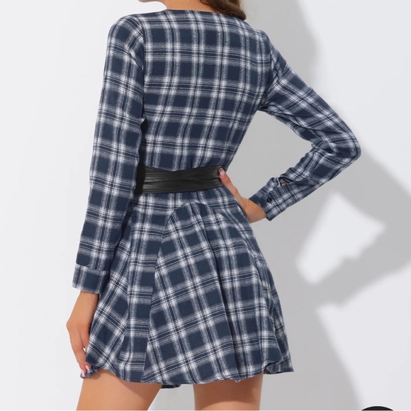 Allegra K Blue Plaid Mini Dress with Black Belt - Picture 3 of 3